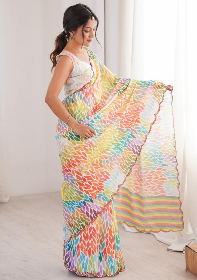 Multicolor Abstract Chiffon Saree Set - Indya