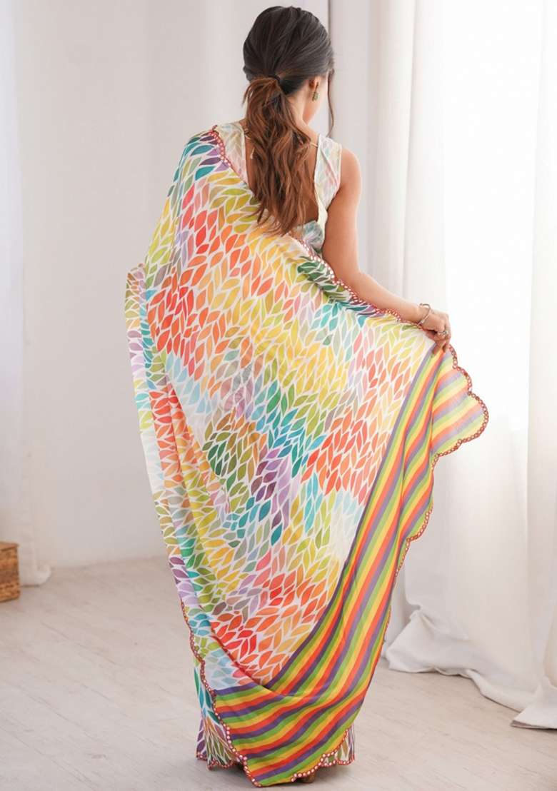 Multicolor Abstract Chiffon Saree Set for Diwali and Festive Wear - Indya