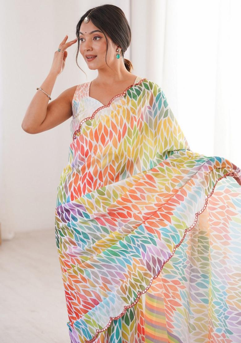 Multicolor Abstract Chiffon Saree Set - Indya