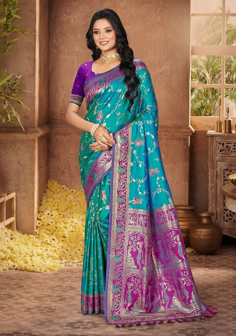 Teal Zari Work Silk Saree Set - Indya