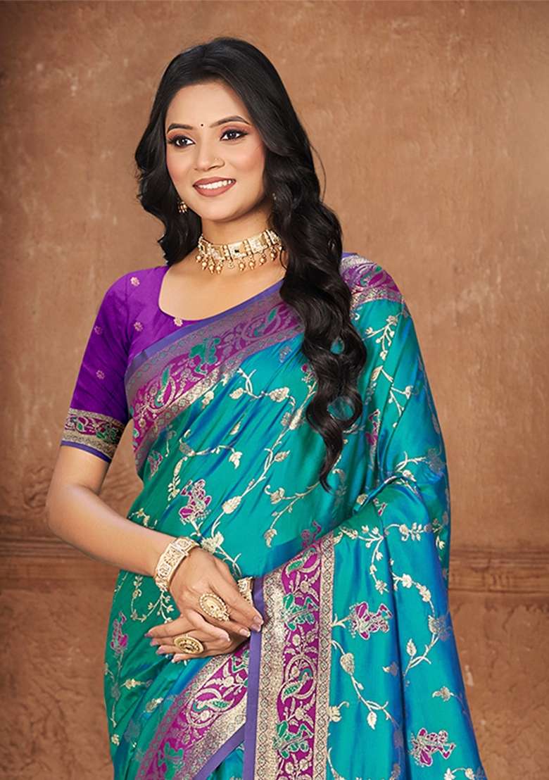 Teal Zari Work Silk Saree Set - Indya
