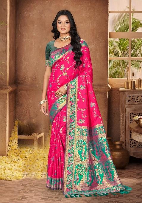 Pink Zari Work Silk Saree Set
