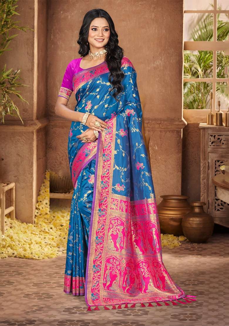 Blue Zari Work Silk Saree Set - Indya