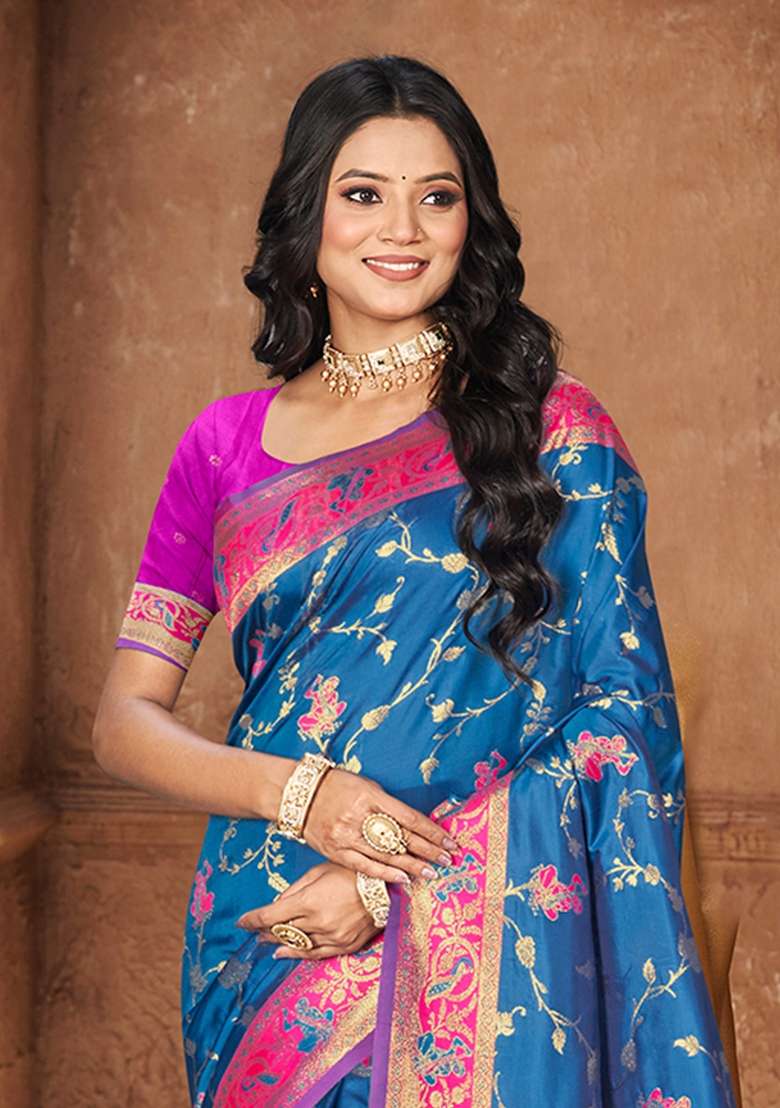 Blue Zari Work Silk Saree Set - Indya