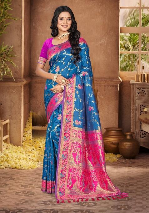 Blue Zari Work Silk Saree Set