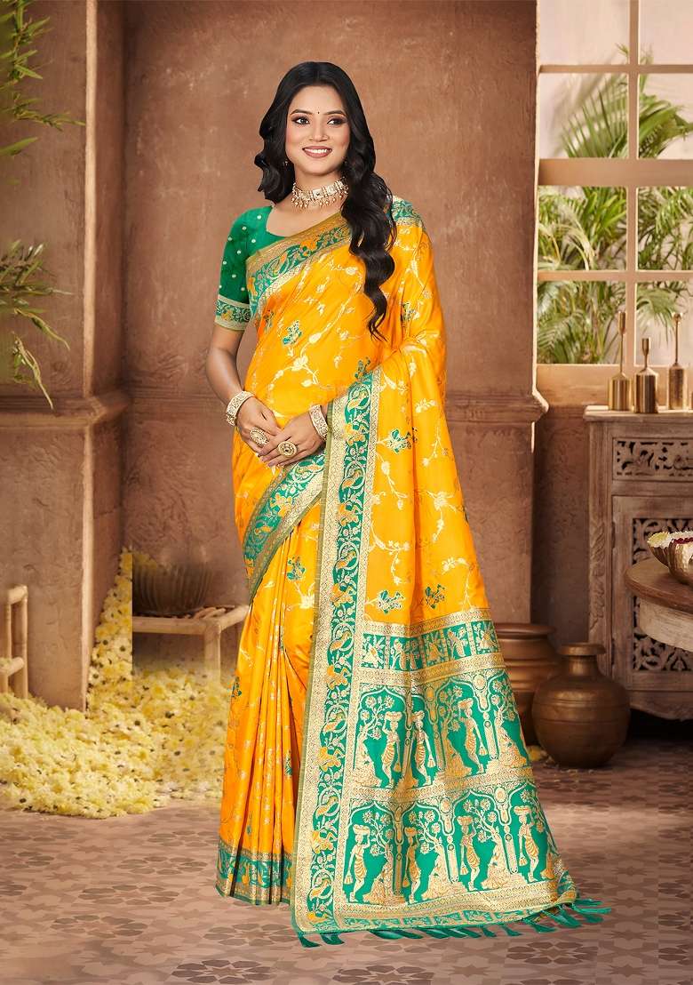 Yellow Zari Work Silk Saree Set - Indya