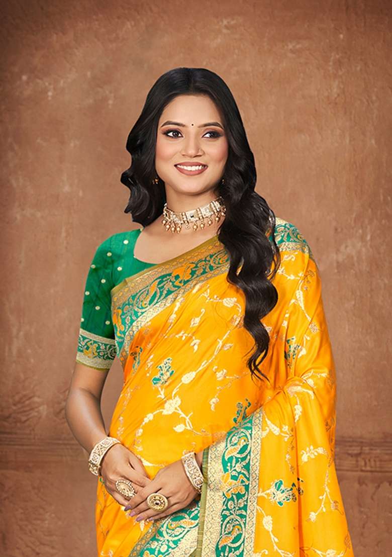 Yellow Zari Work Silk Saree Set - Indya