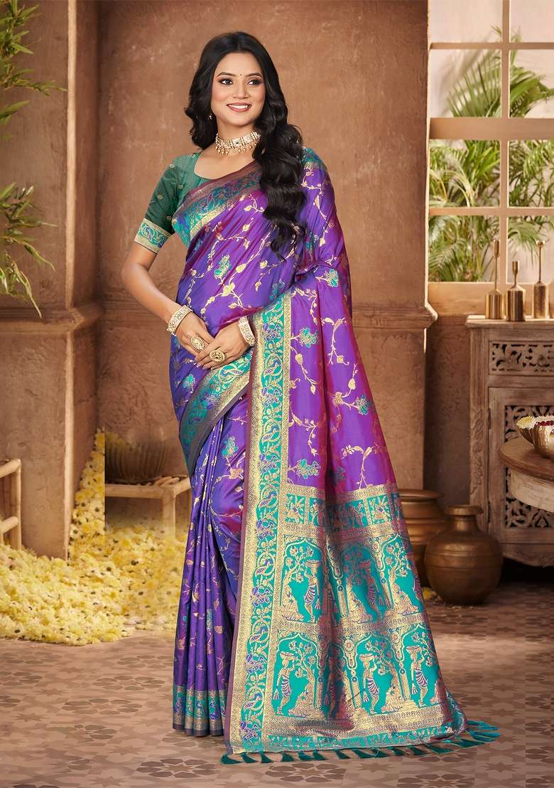 Purple Zari Work Silk Saree Set - Indya