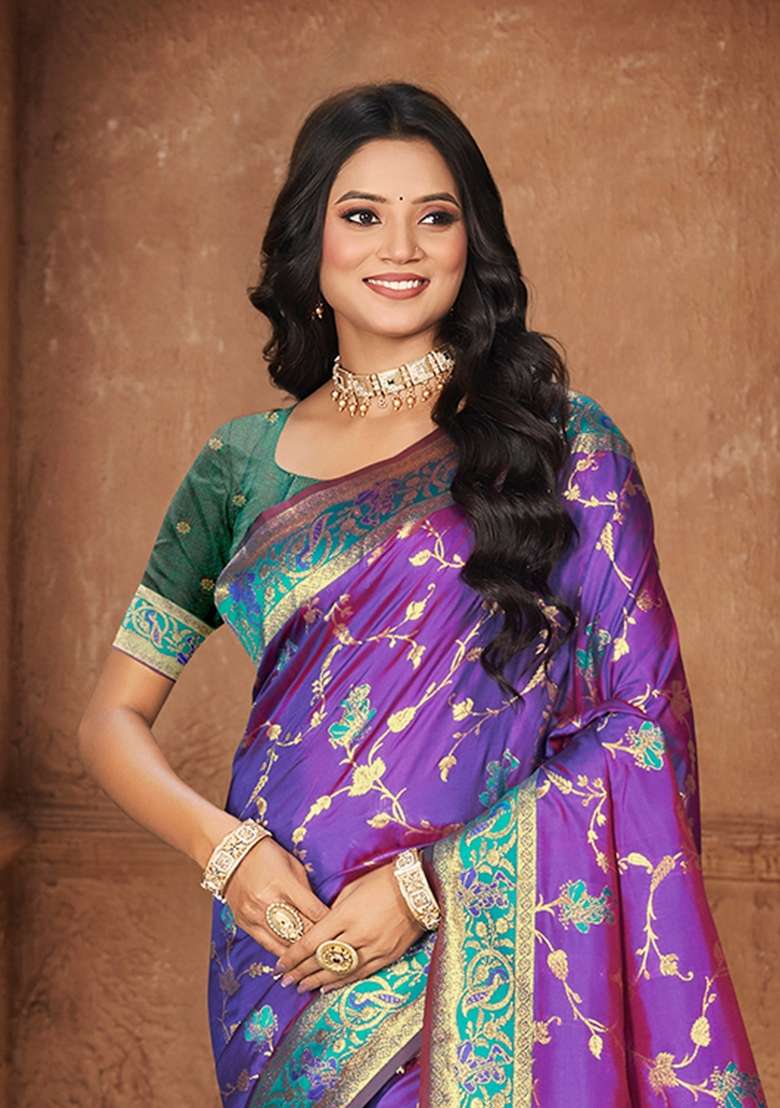 Purple Zari Work Silk Saree Set - Indya