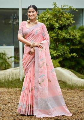 Peach Embroidered Linen Saree Set