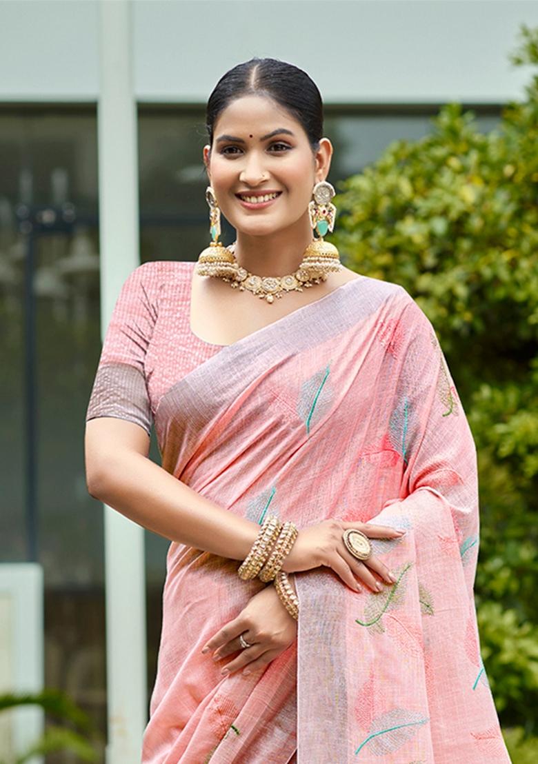 Peach Embroidered Linen Saree Set - Indya