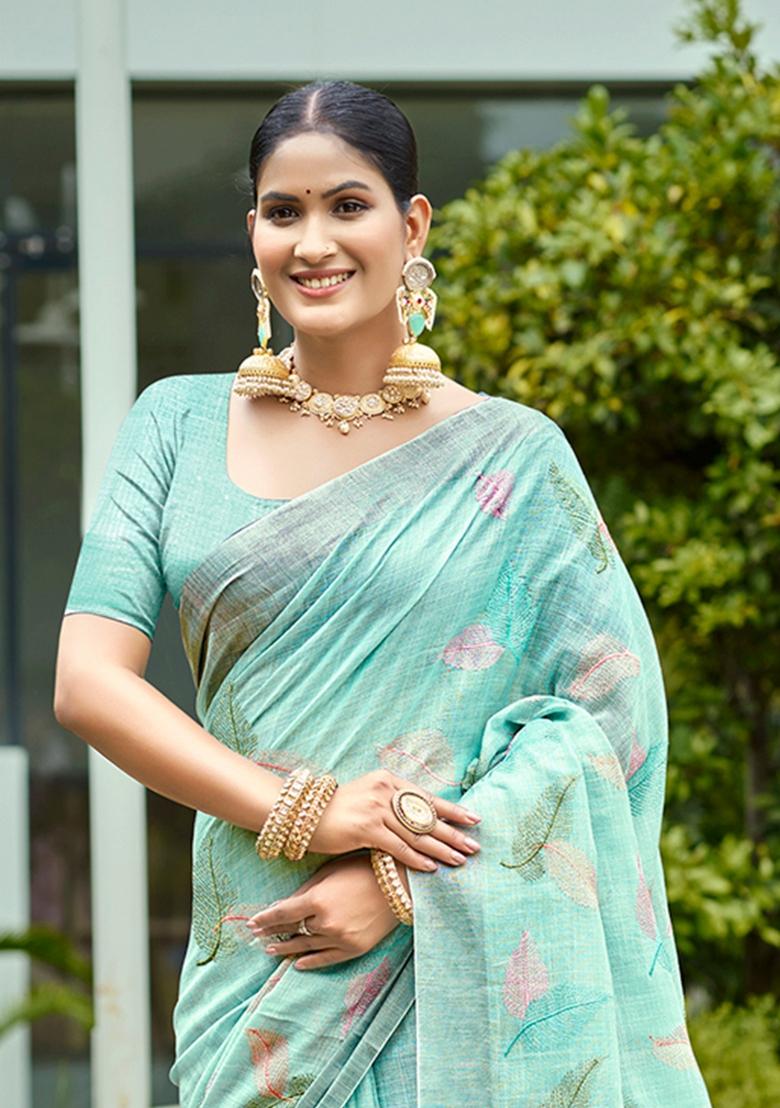 Blue Embroidered Linen Saree Set - Indya