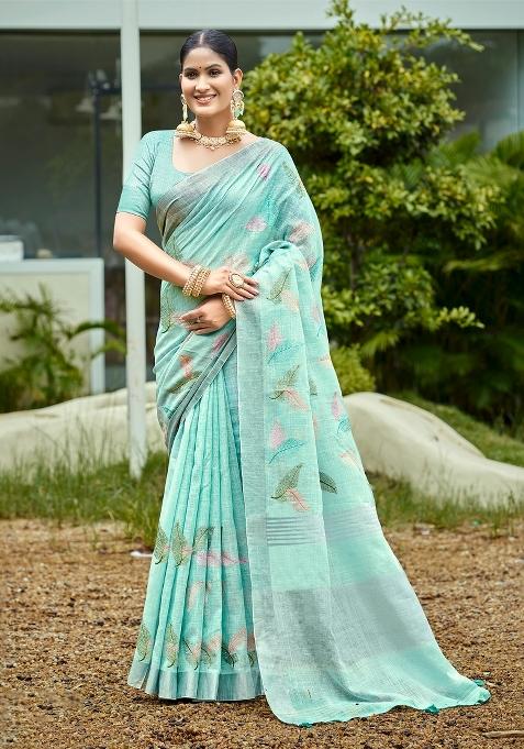 Blue Embroidered Linen Saree Set