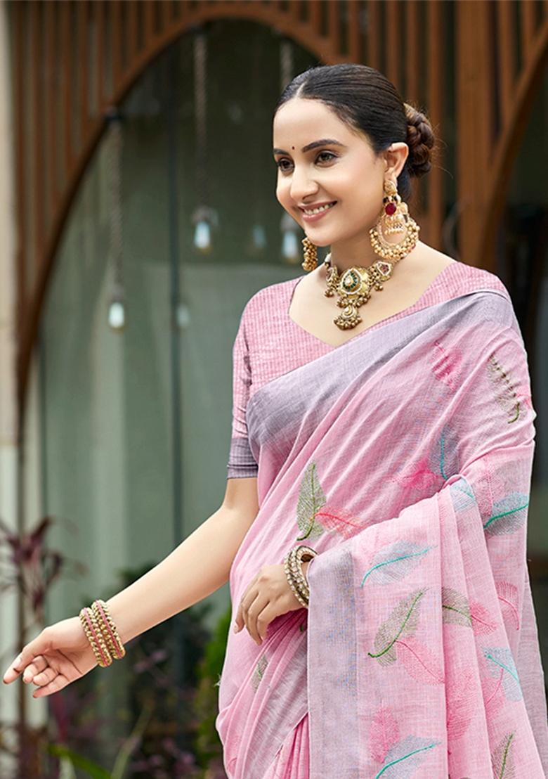 Pink Embroidered Linen Saree Set - Indya