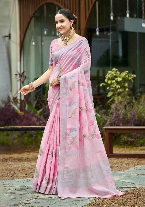 Pink Embroidered Linen Saree Set