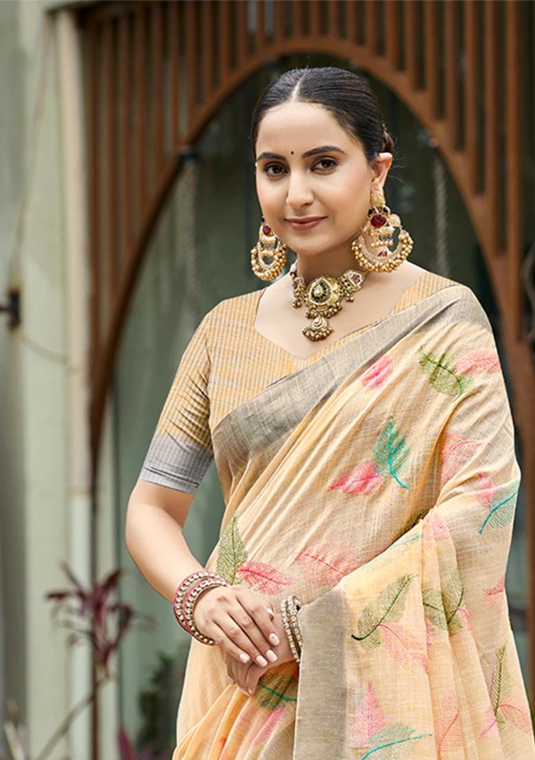 Orange Embroidered Linen Saree Set - Indya