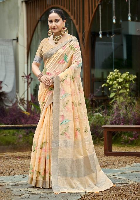 Orange Embroidered Linen Saree Set
