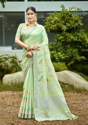 Green Embroidered Linen Saree Set