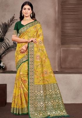 Mustard Woven Work Silk Saree Set