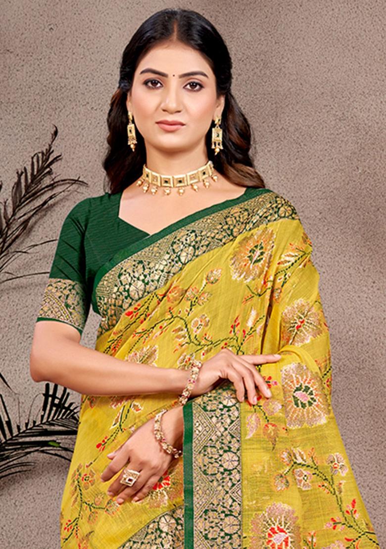 Mustard Woven Work Silk Saree Set - Indya
