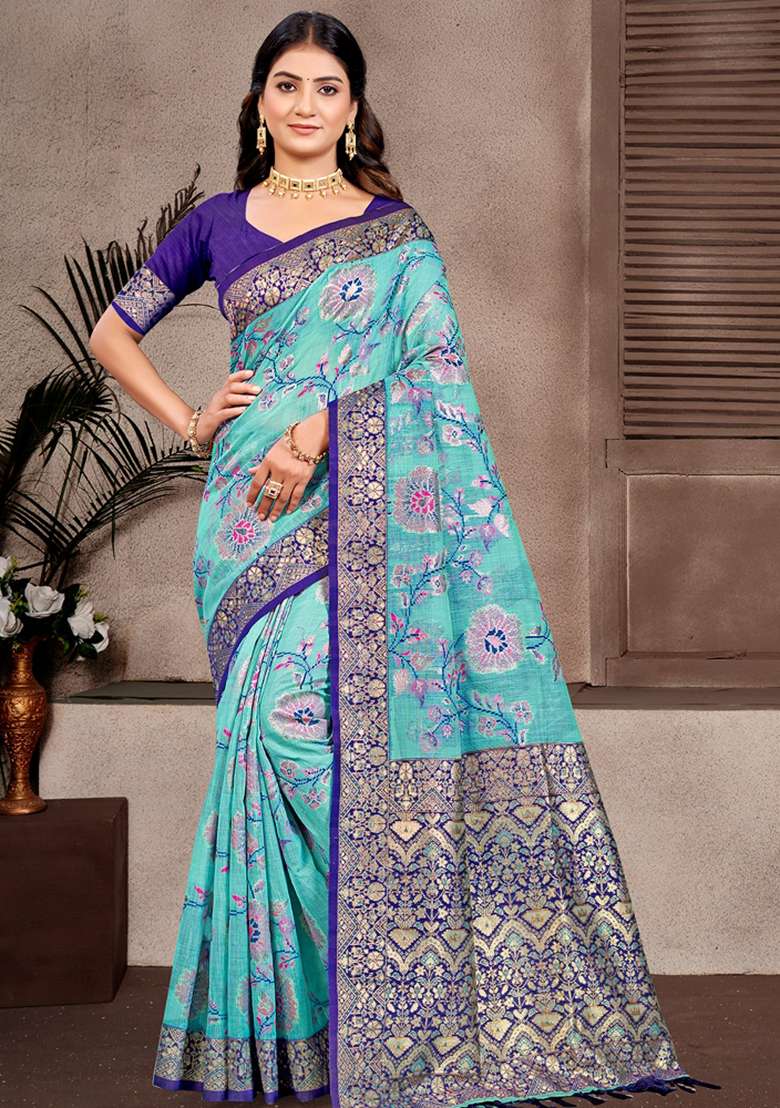 Sky Blue Woven Work Silk Saree Set - Indya