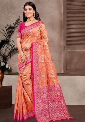 Orange Woven Work Silk Saree Set