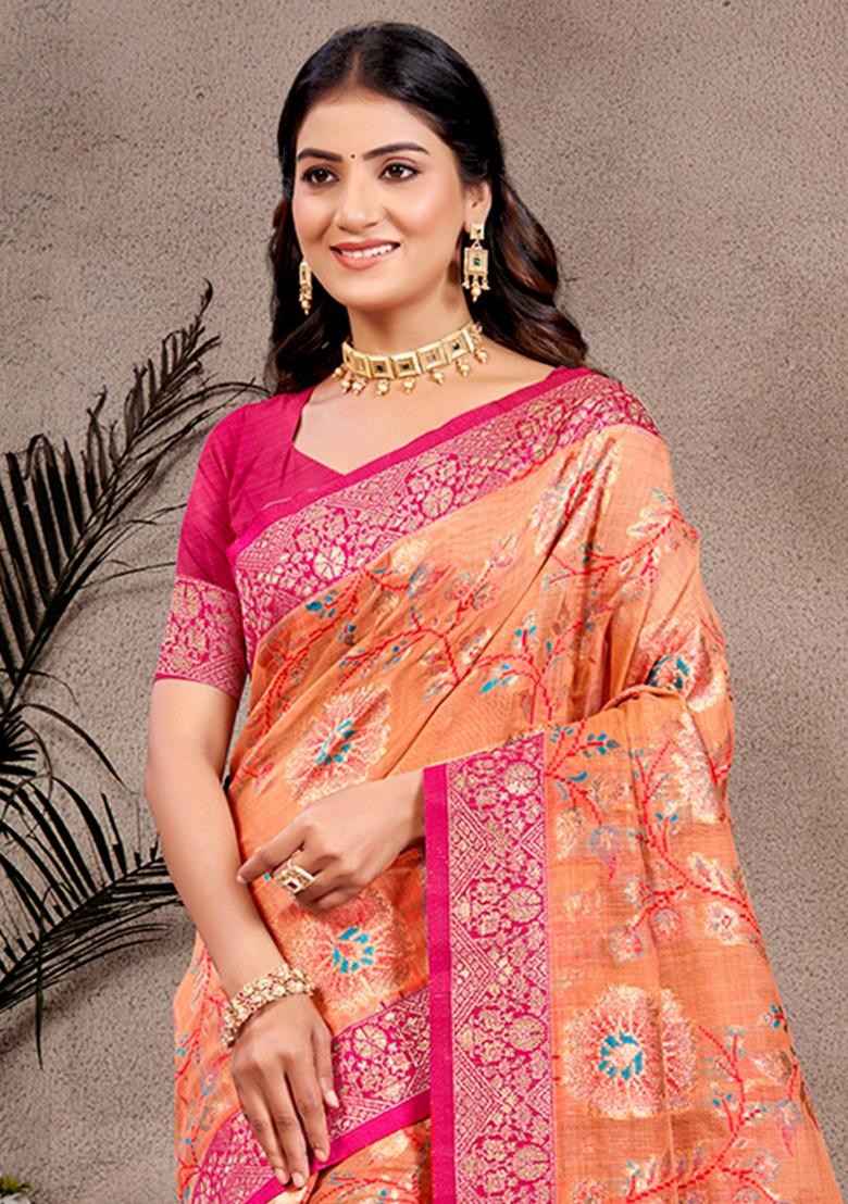 Orange Woven Work Silk Saree Set - Indya