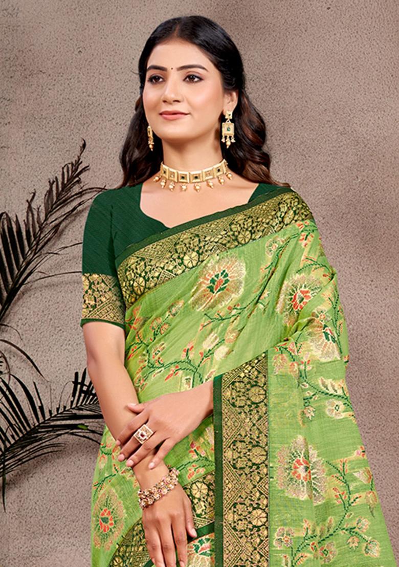 Green Woven Work Silk Saree Set - Indya