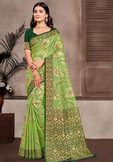 Green Woven Work Silk Saree Set