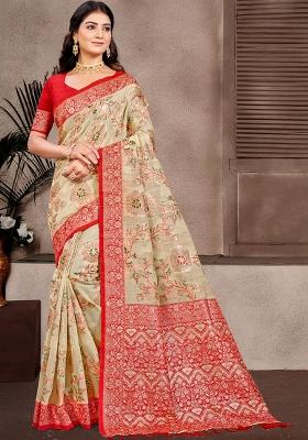 Beige Woven Work Silk Saree Set