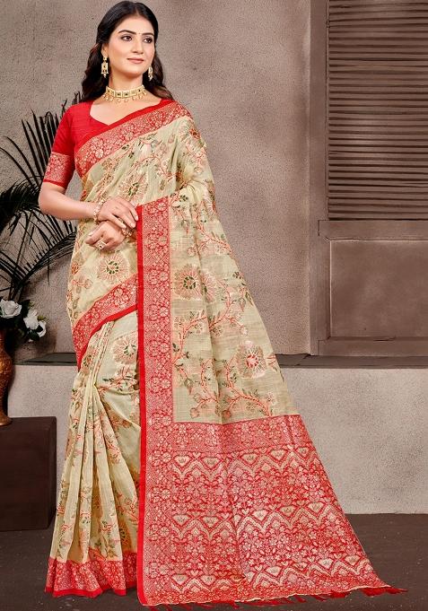 Beige Woven Work Silk Saree Set