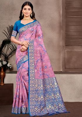 Pink Woven Work Silk Saree Set