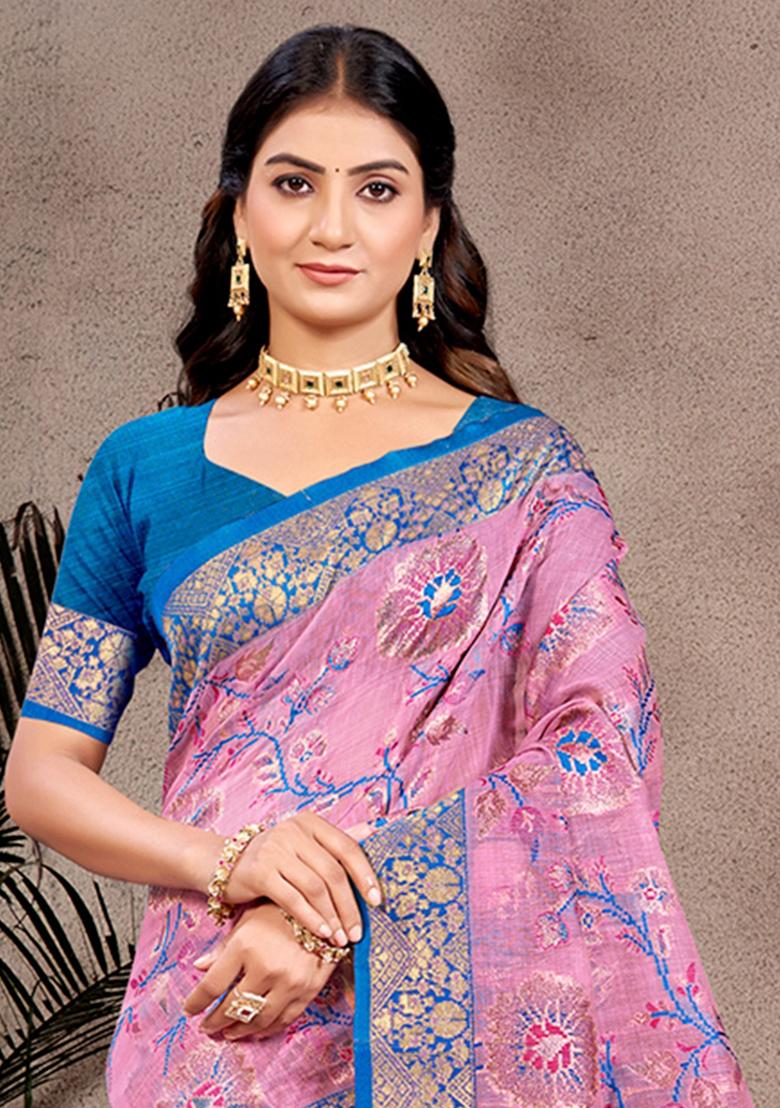 Pink Woven Work Silk Saree Set - Indya