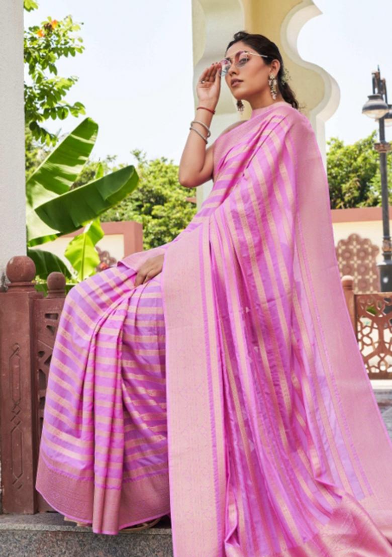 Pink Zari Work Georgette Saree Set - Indya