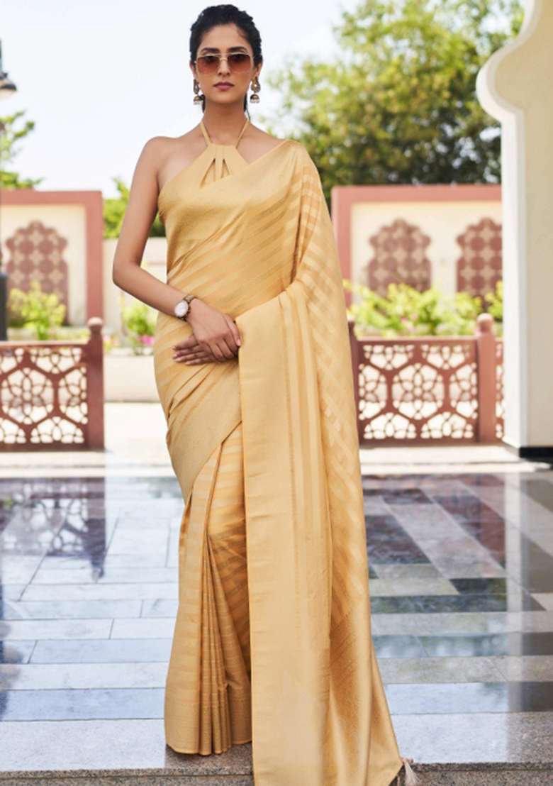 Peach Zari Work Georgette Saree Set for Diwali and Festive Wear - Indya