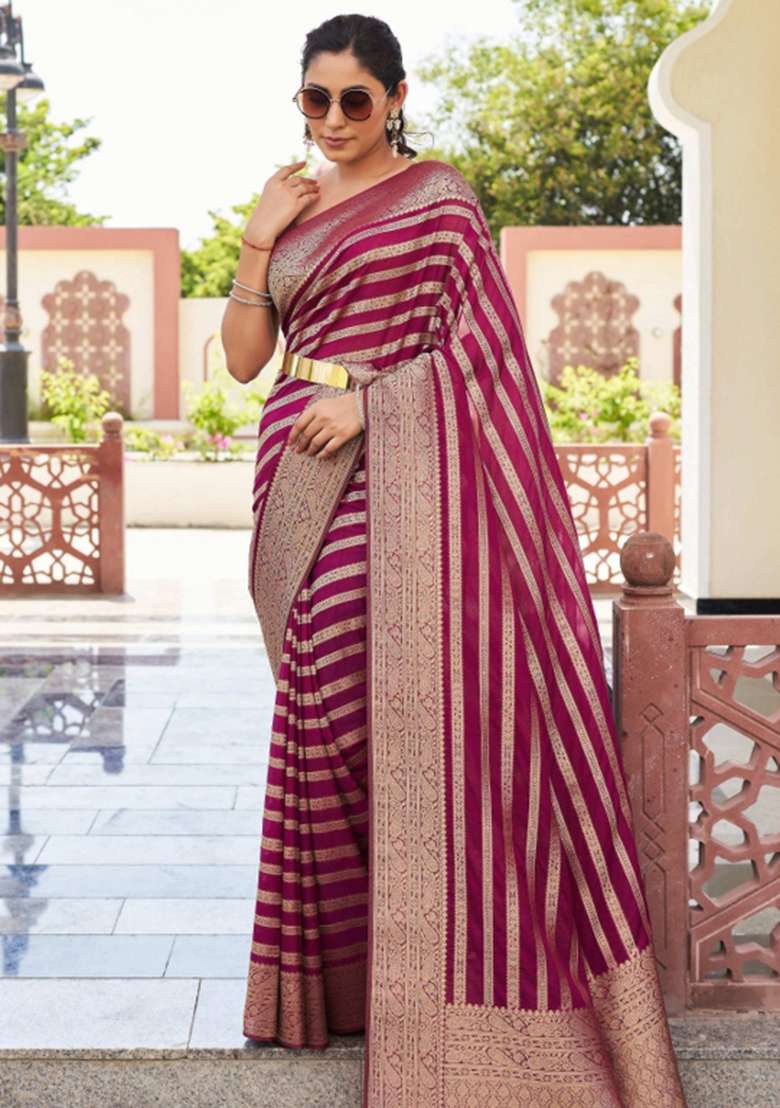Maroon Georgette Saree Set with Zari Work for Diwali | Wedding & Festive Wear - Indya