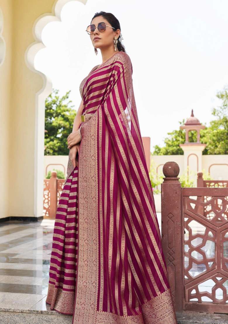 Maroon Georgette Saree Set with Zari Work for Diwali | Wedding & Festive Wear - Indya