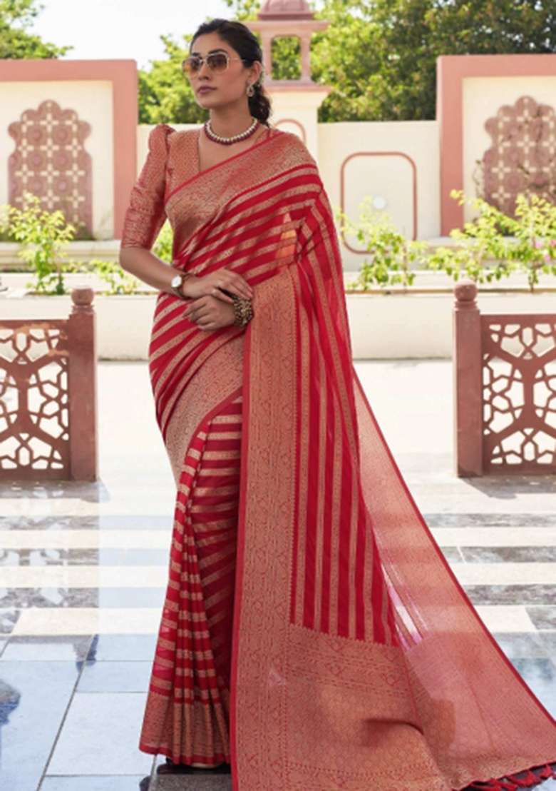 Red Zari Work Georgette Saree Set for Diwali and Festive Wear - Indya