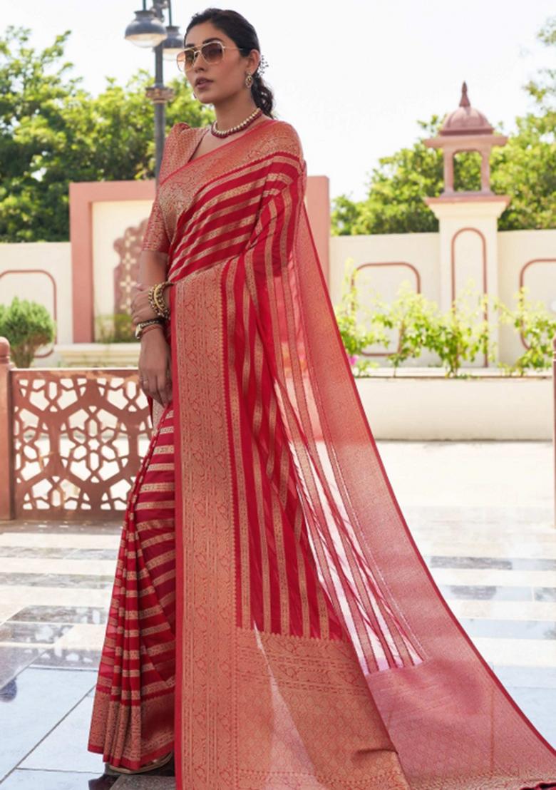 Red Zari Work Georgette Saree Set - Indya