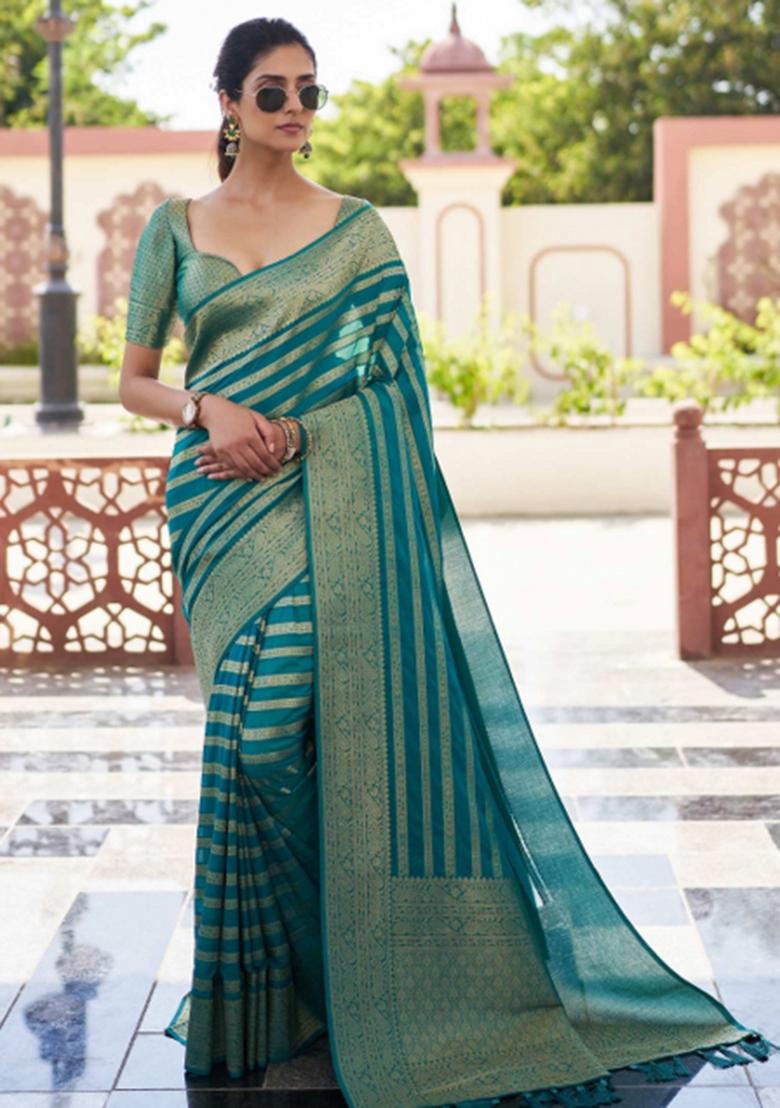 Teal Zari Work Georgette Saree Set - Indya