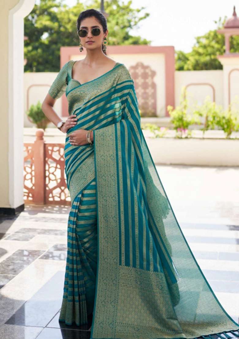 Teal Georgette Saree Set with Zari Work for Diwali | Wedding & Festive Wear - Indya
