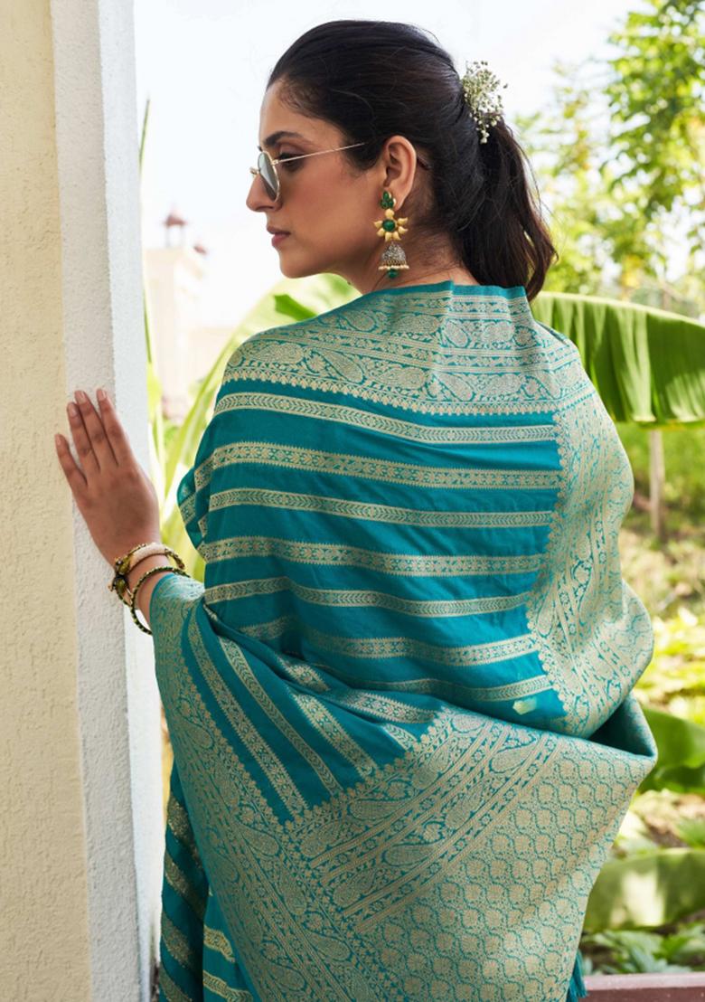 Teal Zari Work Georgette Saree Set - Indya