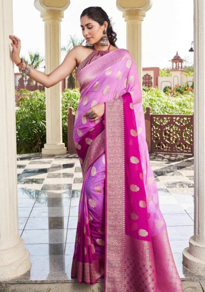 Purple Zari Work Georgette Saree Set - Indya