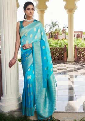 Blue Zari Work Georgette Saree Set