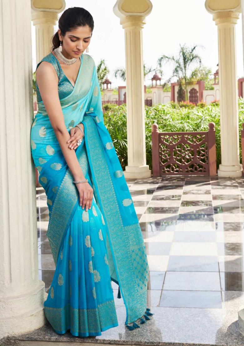 Blue Zari Work Georgette Saree Set - Indya