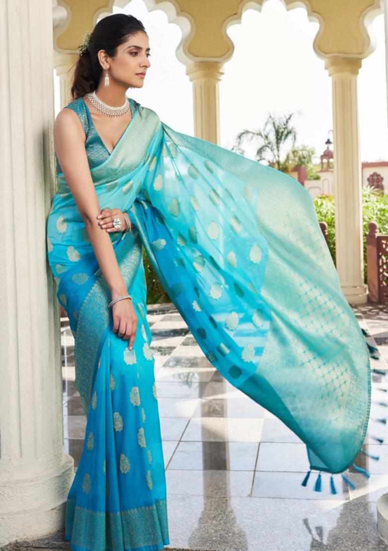 Blue Zari Work Georgette Saree Set - Indya