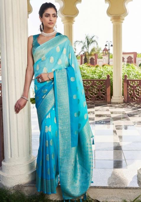 Blue Zari Work Georgette Saree Set