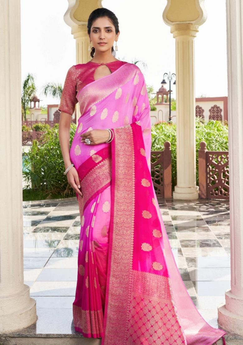 Pink Zari Work Georgette Saree Set - Indya