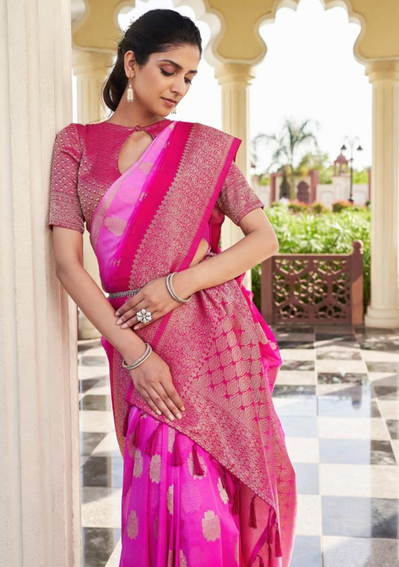 Pink Zari Work Georgette Saree Set - Indya