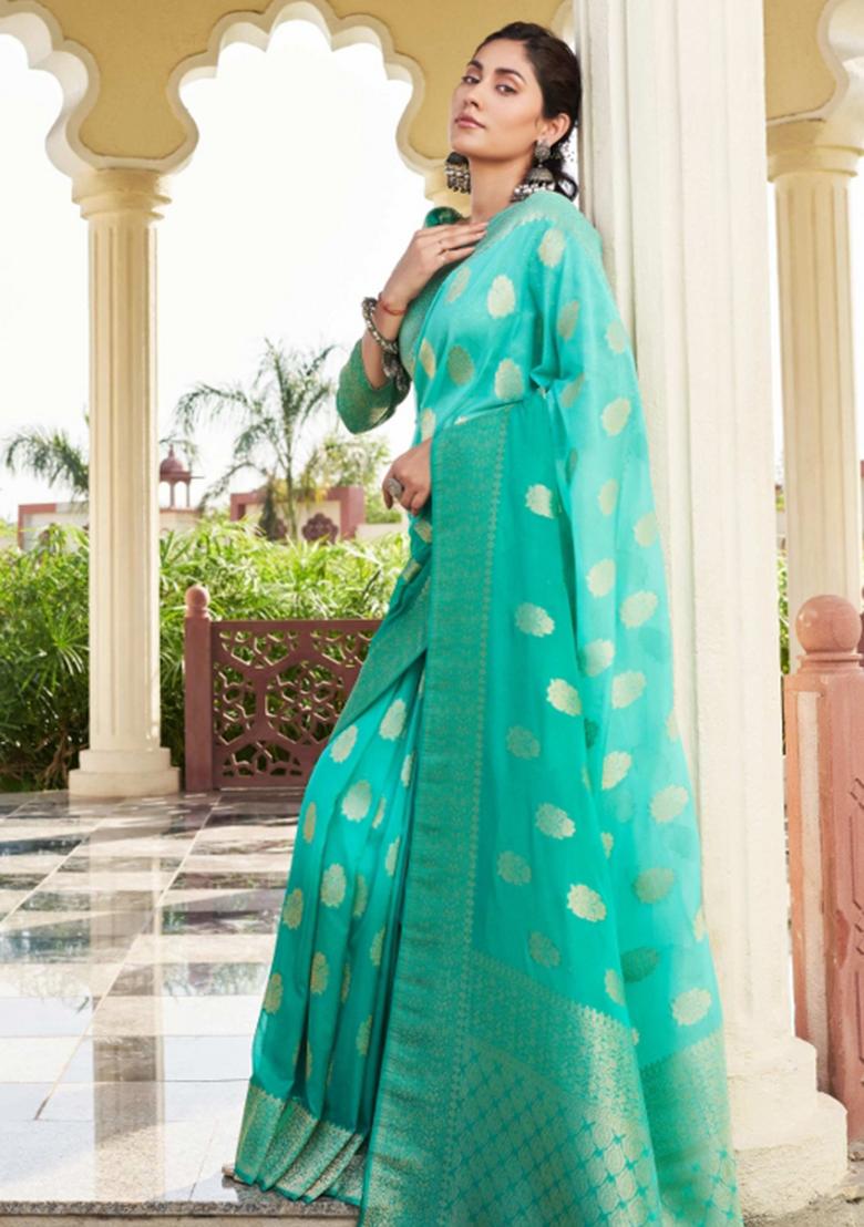 Sea Green Zari Work Georgette Saree Set - Indya